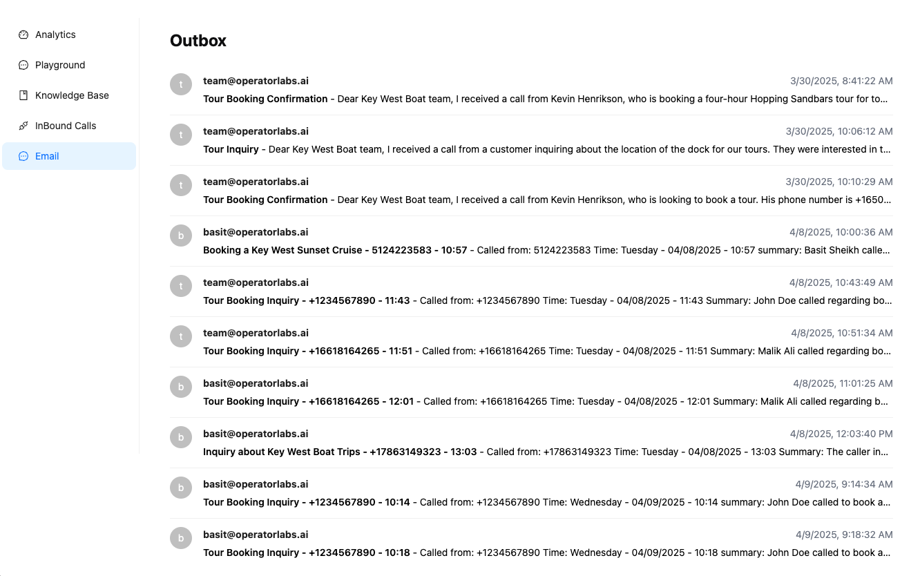 Outbox showing lead notifications